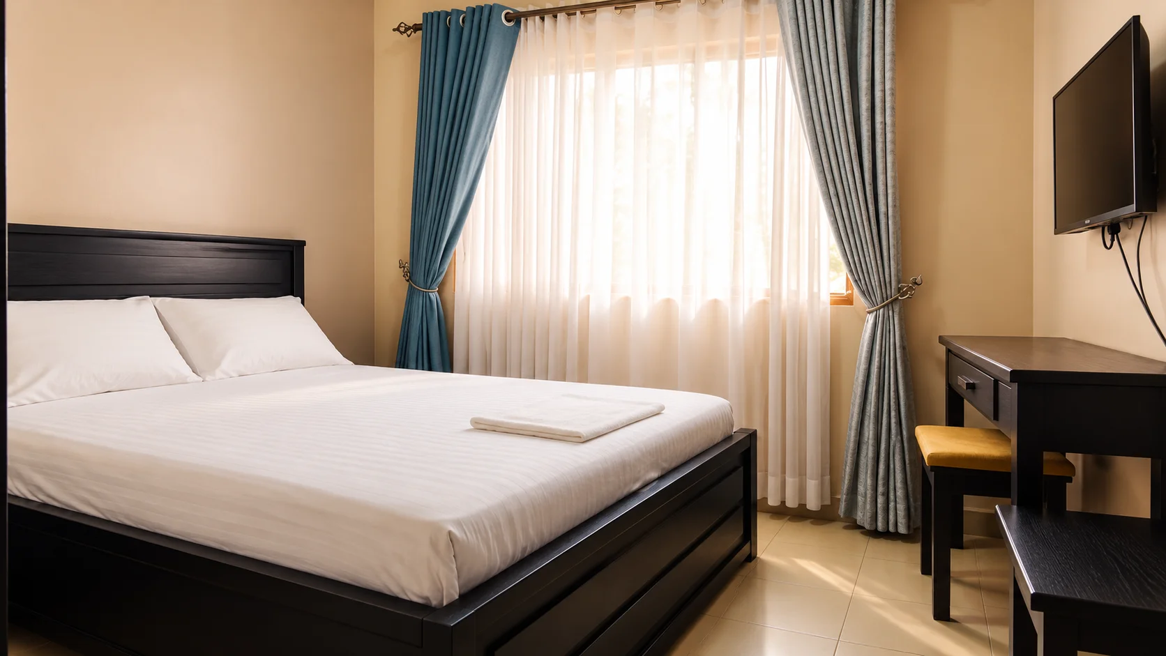 Sunlit Laboss double room with fresh white bedding and blue curtains